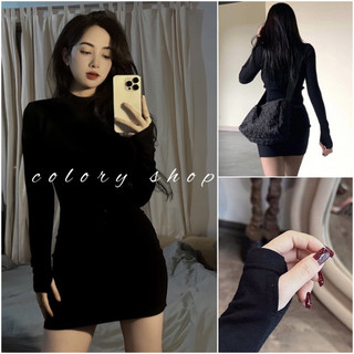 Đầm body tay dài dáng ngắn cổ cao 5 phân xỏ ngón tôn dáng chất porip cotton co giãn 4 chiều - Colory Shop