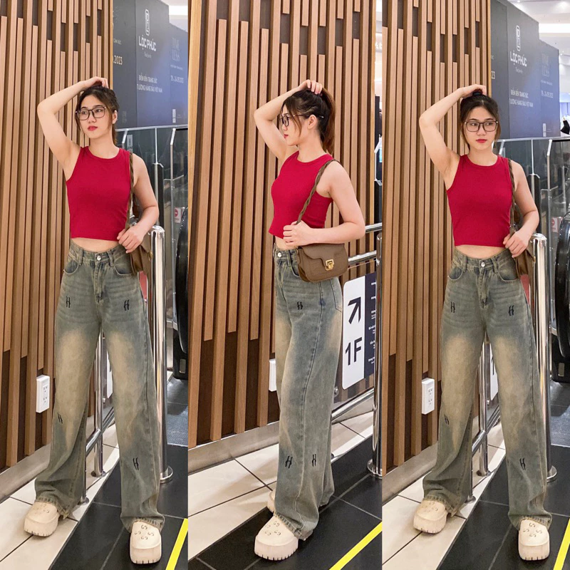 Quần jean chữ H ống suông nữ rộng nam chất vải denim bò kaki hàn quốc local brand phong cách retro y2k Lamour Q45