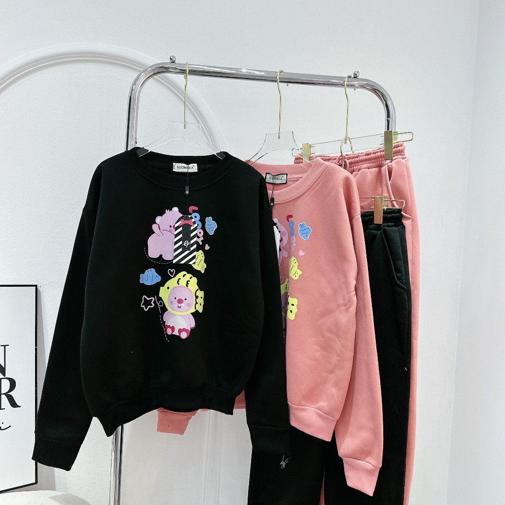 Set Bộ Nỉ Áo Dáng Dài In Hình Gấu Cá Mix Quần Xuông Bogg Freesize