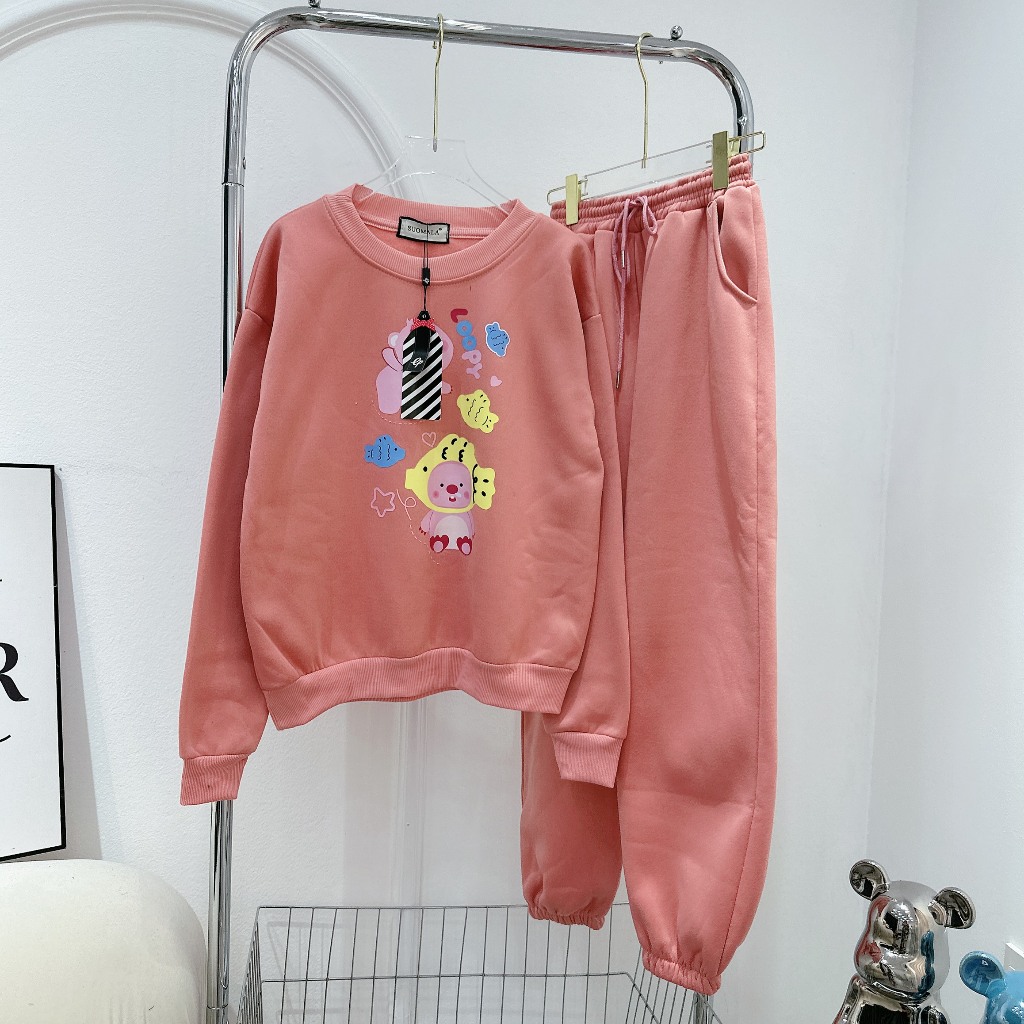 Set Bộ Nỉ Áo Dáng Dài In Hình Gấu Cá Mix Quần Xuông Bogg Freesize