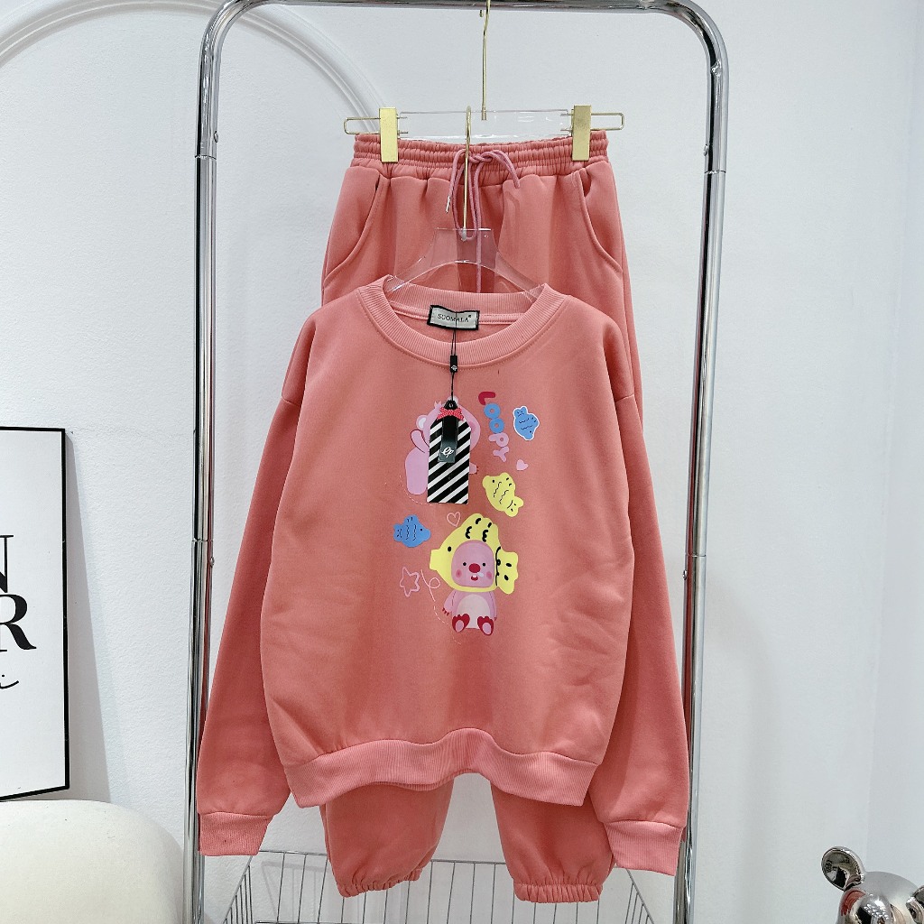 Set Bộ Nỉ Áo Dáng Dài In Hình Gấu Cá Mix Quần Xuông Bogg Freesize