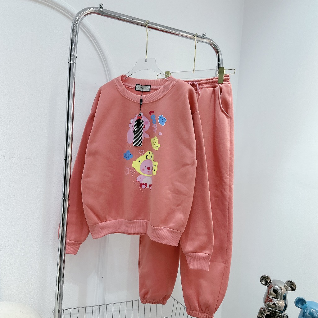 Set Bộ Nỉ Áo Dáng Dài In Hình Gấu Cá Mix Quần Xuông Bogg Freesize