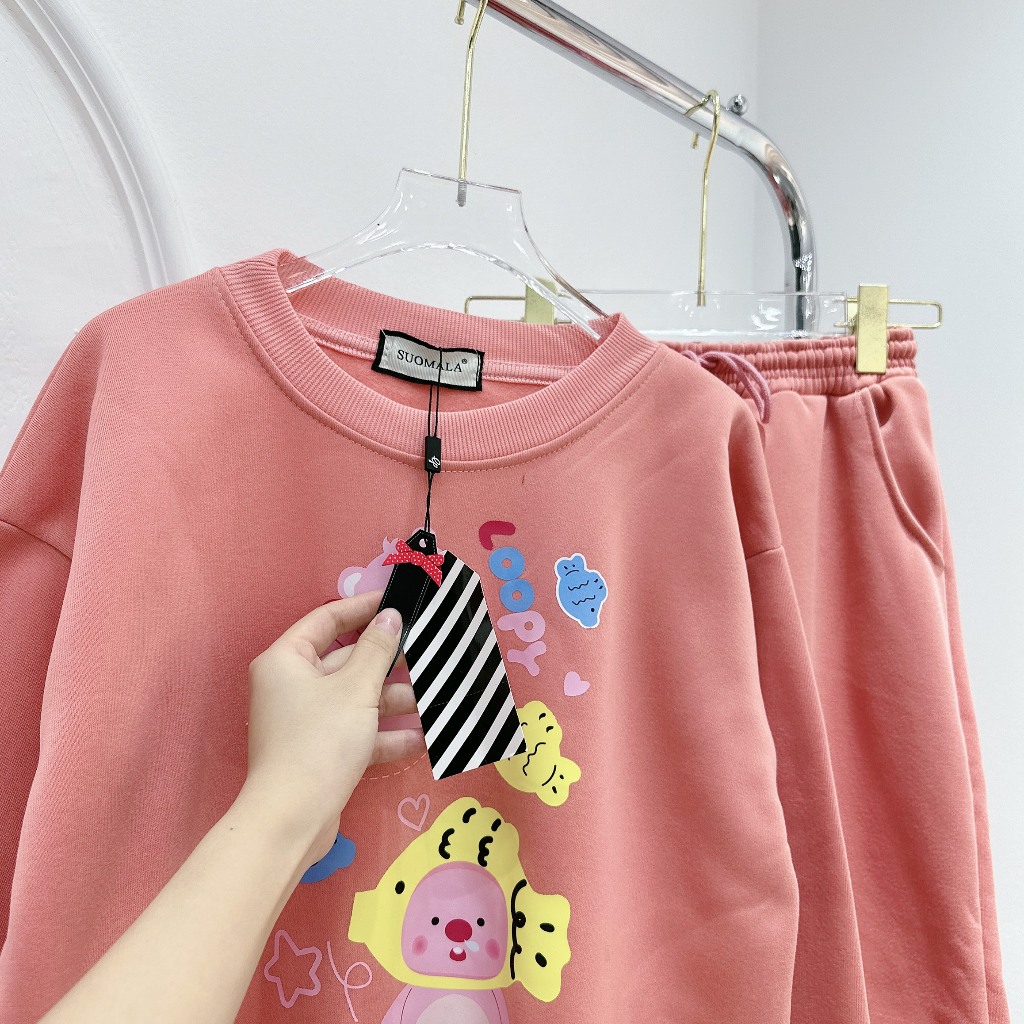 Set Bộ Nỉ Áo Dáng Dài In Hình Gấu Cá Mix Quần Xuông Bogg Freesize