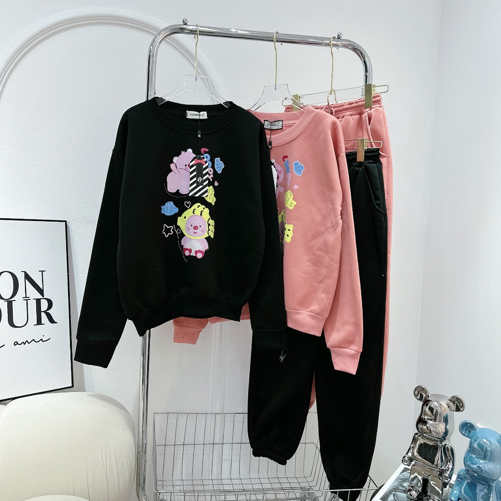 Set Bộ Nỉ Áo Dáng Dài In Hình Gấu Cá Mix Quần Xuông Bogg Freesize