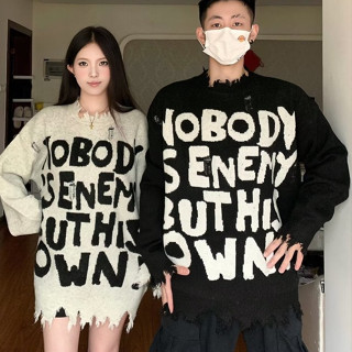 ÁO LEN RÁCH GẤU CHỮ NO BODY OVERSIZE CAO CẤP PHONG CÁCH HÀN QUỐC NAM NỮ - ÁO LEN ĐÔI