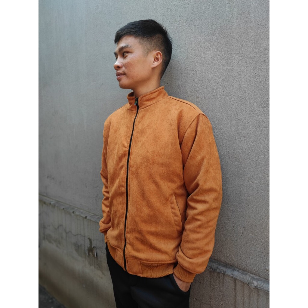 Áo khoác da lộn nam lót lông cừu cổ cao bomber đẹp cao cấp hàng hiệu mặc thu đông siêu ấm áp