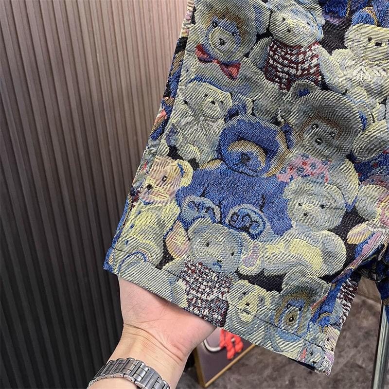 Bộ Quần Áo Sơ Mi Cổ Đức Vải Gấm Hoạ tiết Gấu Misa Cộc Tay