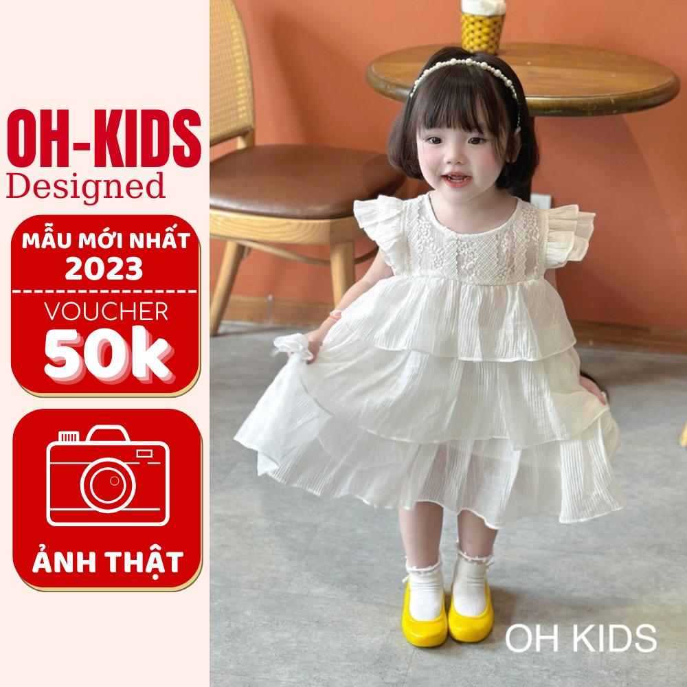 Váy bé gái đầm công chúa OH KIDS vải tơ phối ren cao cấp 3 tầng quà sinh nhật cho bé gái cho bé 9-32kg