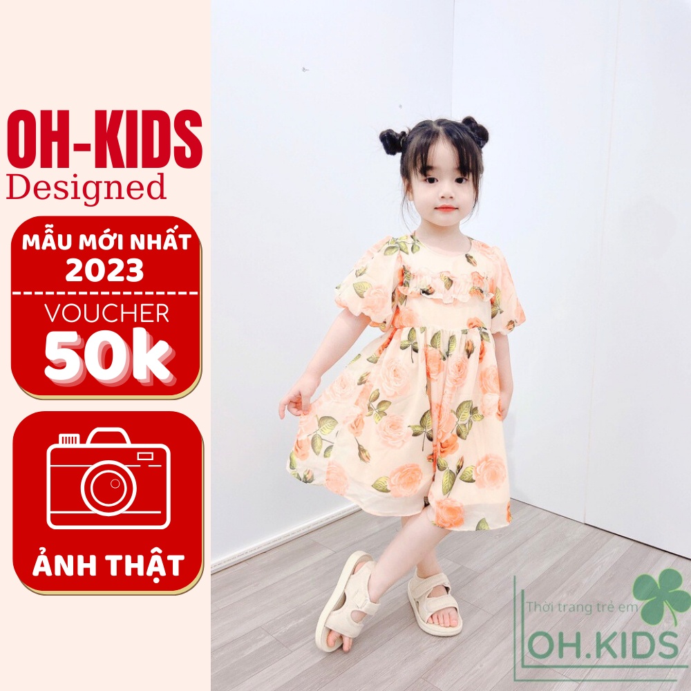 Váy bé gái đầm công chúa OH KIDS vải tơ hoa màu cam mềm mát quà sinh nhật cho bé gái cho bé 9-32kg