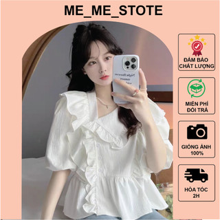 Áo kiểu babydoll cổ bèo lệch dáng rộng tay bồng chất xốp nhăn phong cách Hàn Quốc