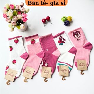 Combo 5 đôi tất gấu dâu hồng cổ cao cho bé siêu xinh