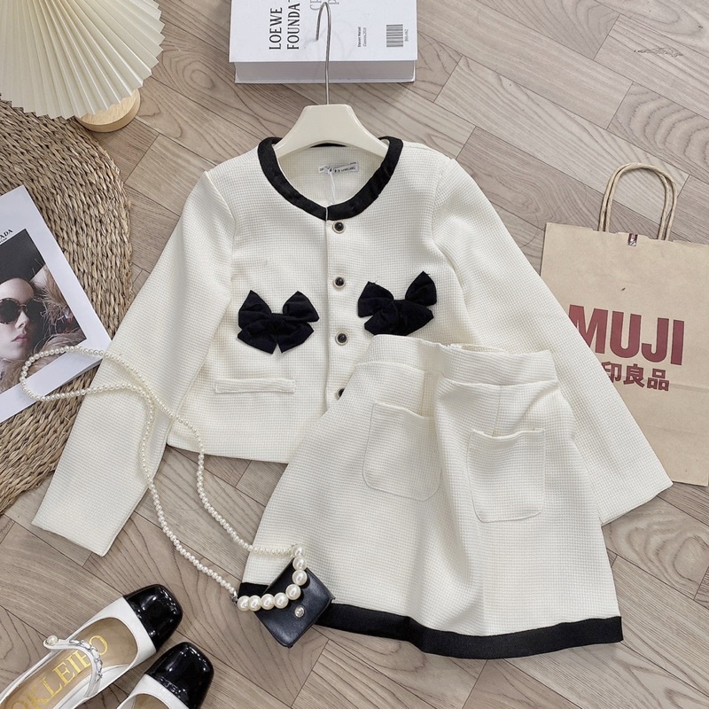 Set áo dạ tweed - Áo dạ croptop nơ tay dài hàng 2 lớp kèm chân váy chữ A phong cách tiểu thư Changbishop