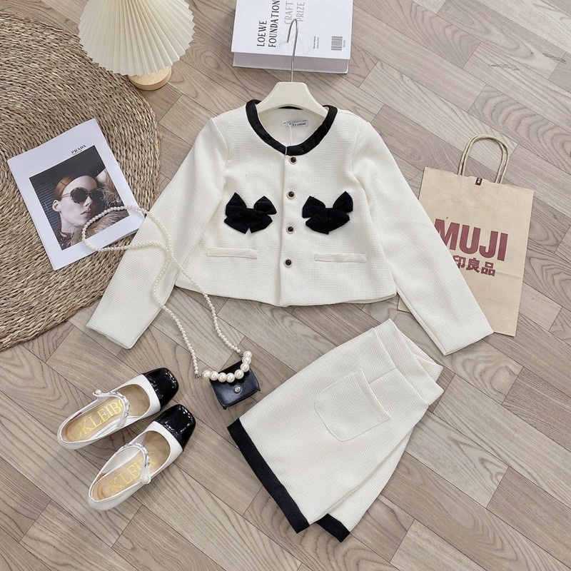 Set áo dạ tweed - Áo dạ croptop nơ tay dài hàng 2 lớp kèm chân váy chữ A phong cách tiểu thư Changbishop