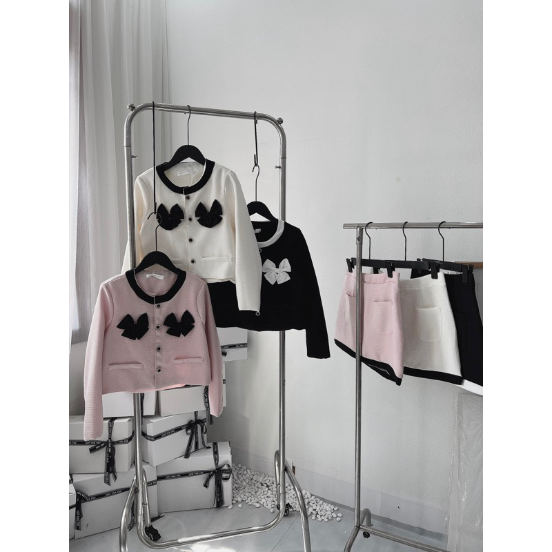 Set áo dạ tweed - Áo dạ croptop nơ tay dài hàng 2 lớp kèm chân váy chữ A phong cách tiểu thư Changbishop