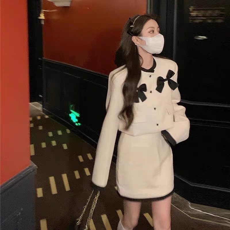 Set áo dạ tweed - Áo dạ croptop nơ tay dài hàng 2 lớp kèm chân váy chữ A phong cách tiểu thư Changbishop