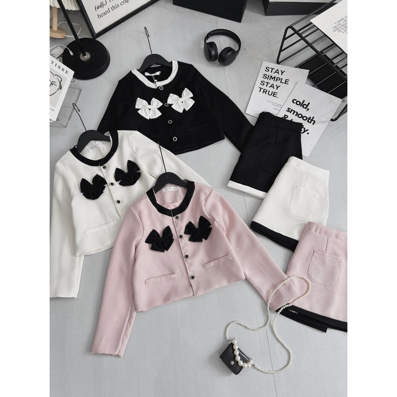 Set áo dạ tweed - Áo dạ croptop nơ tay dài hàng 2 lớp kèm chân váy chữ A phong cách tiểu thư Changbishop