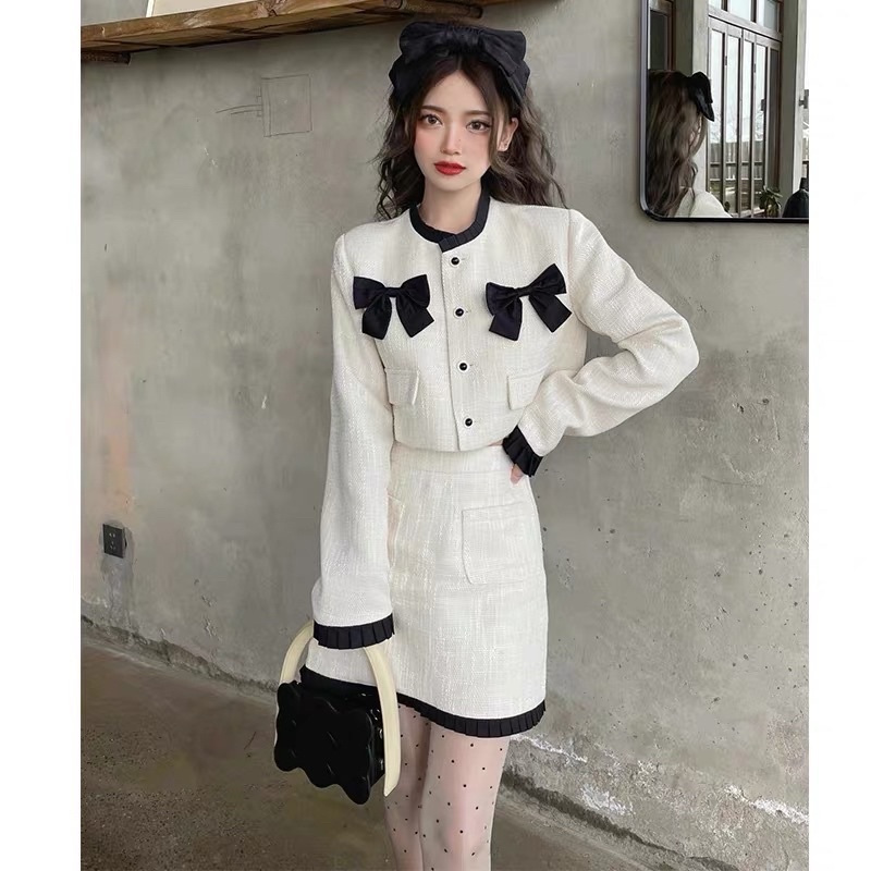 Set áo dạ tweed - Áo dạ croptop nơ tay dài hàng 2 lớp kèm chân váy chữ A phong cách tiểu thư Changbishop