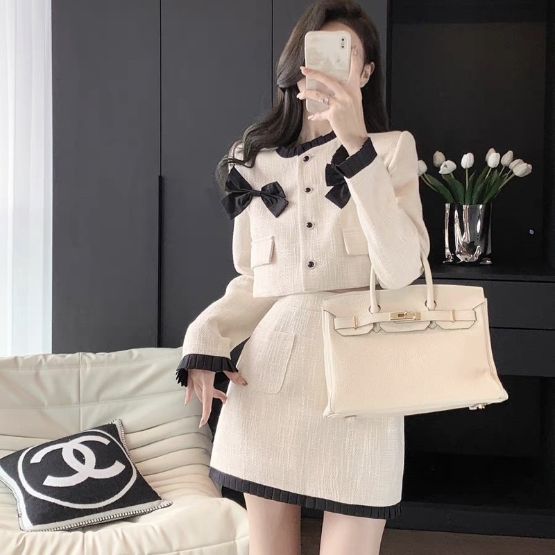 Set áo dạ tweed - Áo dạ croptop nơ tay dài hàng 2 lớp kèm chân váy chữ A phong cách tiểu thư Changbishop