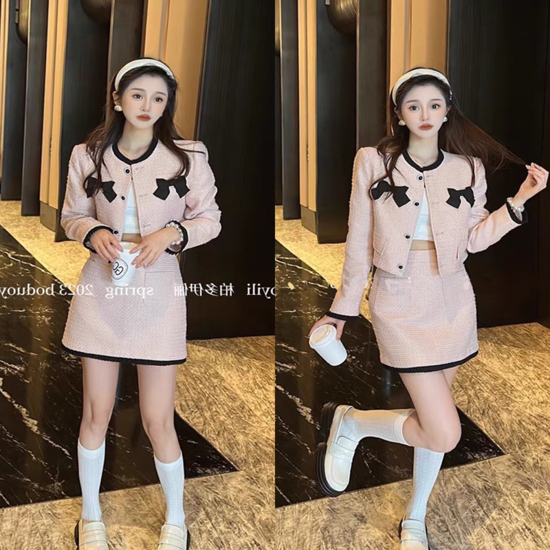 Set áo dạ tweed - Áo dạ croptop nơ tay dài hàng 2 lớp kèm chân váy chữ A phong cách tiểu thư Changbishop