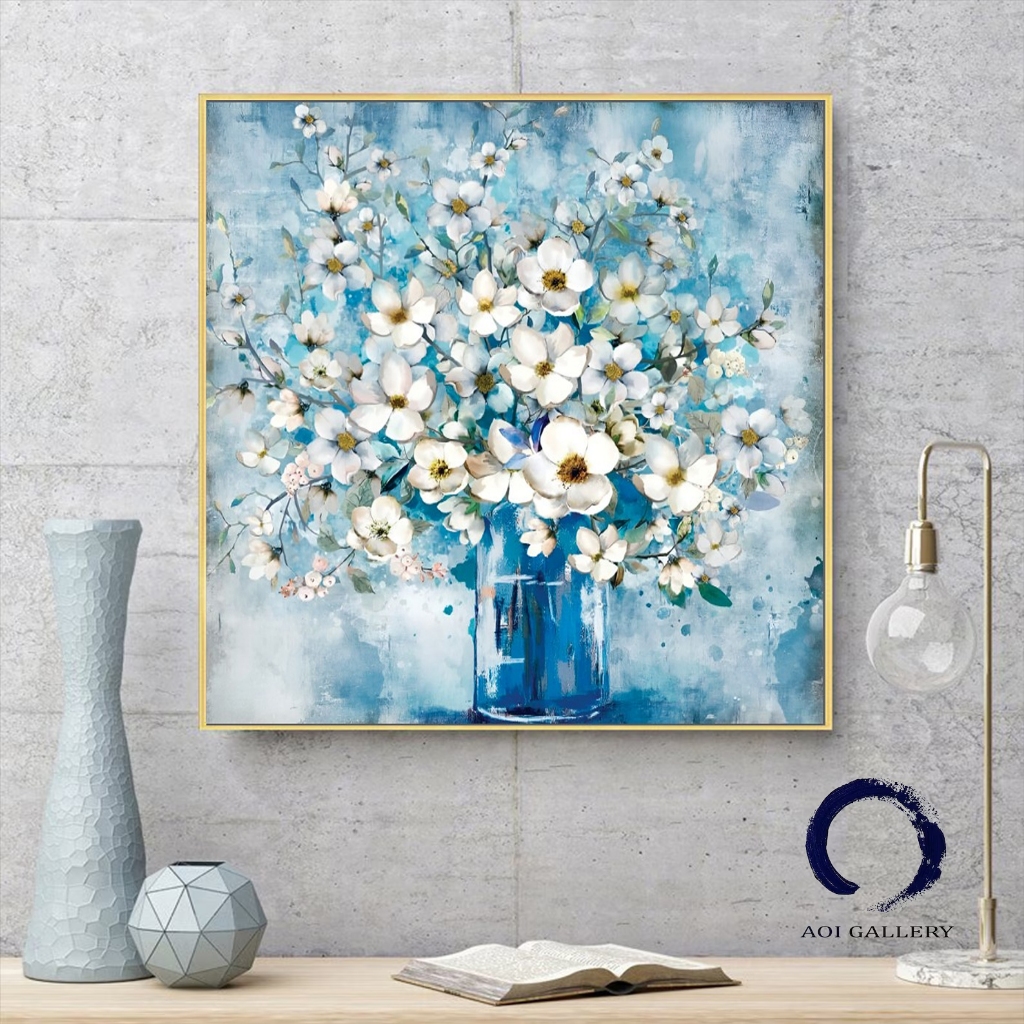 Tranh canvas treo tường bình hoa xanh vintage 70 x 70cm