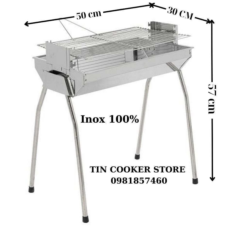 Bếp nướng than hoa loại to inox 100% thay đổi chiều cao vỉ dài 50x30x57 bảo hành 12 tháng cho 6-10 người ăn