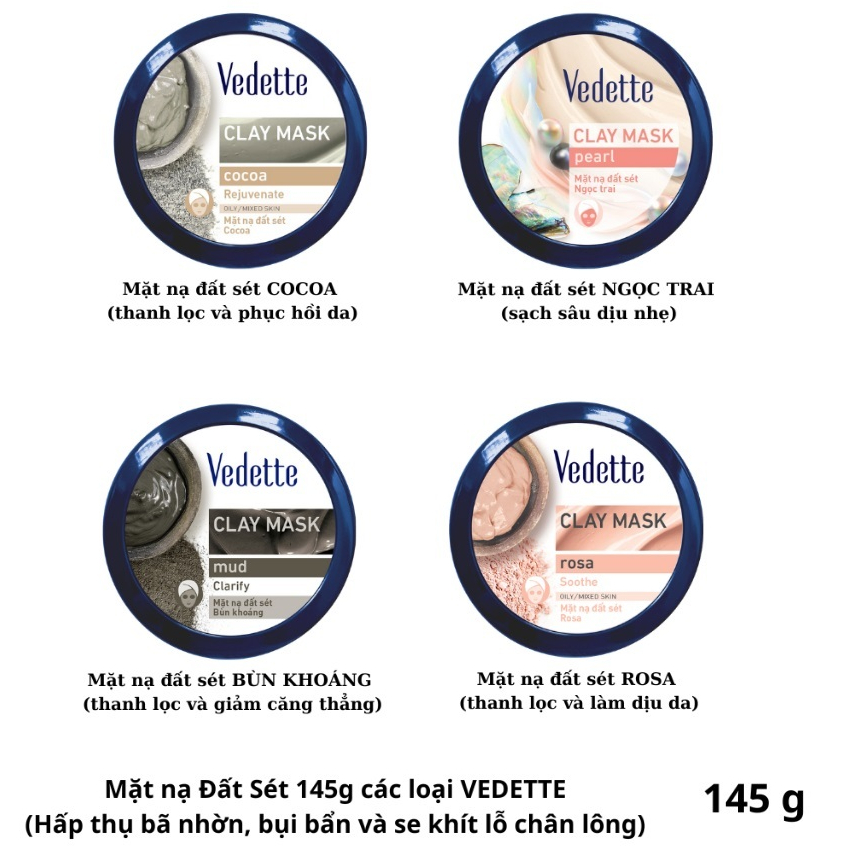 《VEDETTE》Mặt nạ đất sét sạch da, dưỡng ẩm hũ 145g Date 2026