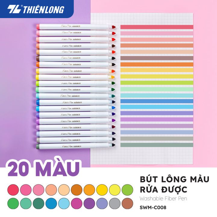 Bút lông 20 màu Pastel Washable Fiber Pen Thiên Long Colokit SWM-C008 - Bút lông màu rửa được