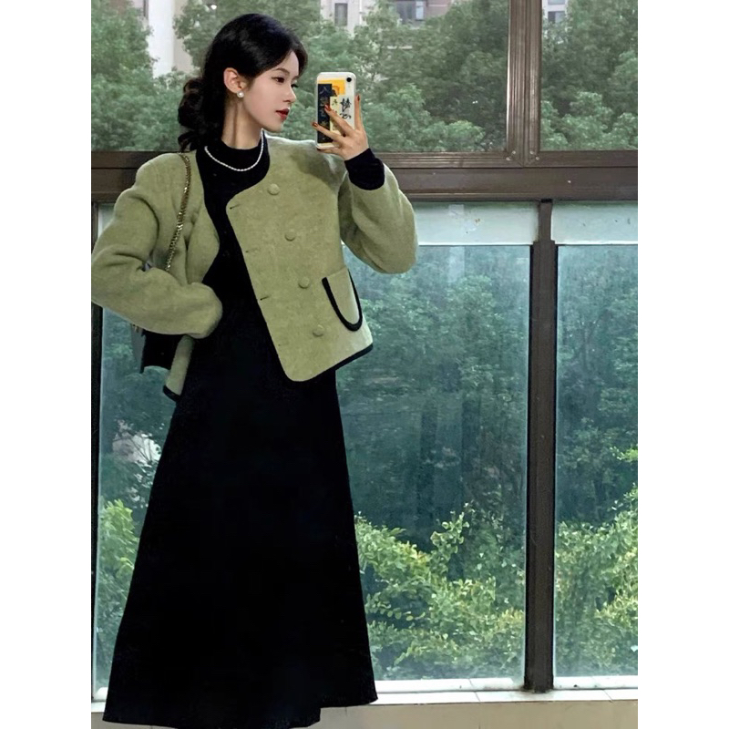 Set áo khoác dài tay + váy dáng dài