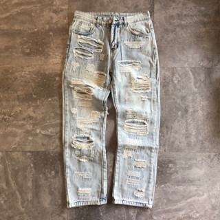 Quần jeans Full rách vá cao cấp B3320 BuiVintage, vải denim 2 lớp dày dặn phom đứng.