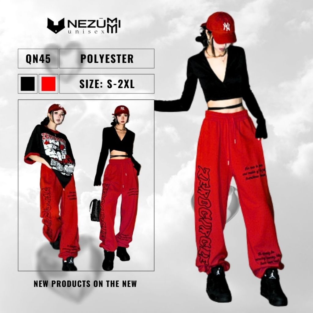 (Sẵn đỏ, đen) Quần jogger suông ống rộng rút dây gấu in chữ thể thao hip hop sexy dance đường phố