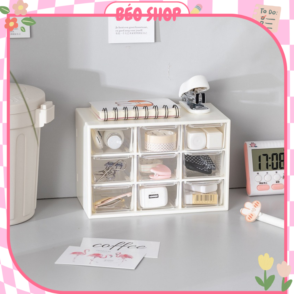 Hộp đựng trang sức 9 ngăn màu trắng Béo shop , tủ mini bằng nhựa chia ô đựng washi tape decor bàn học