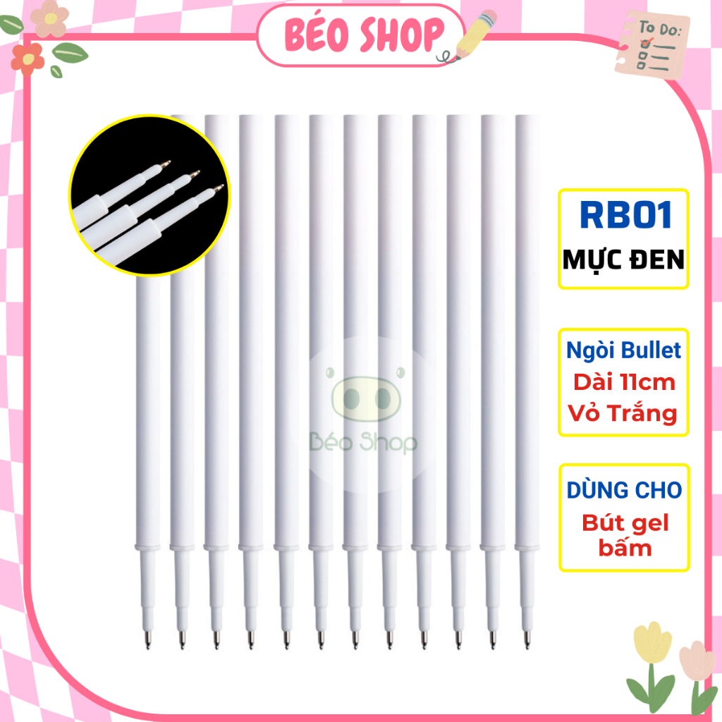 Ruột bút gel mực đen ngòi bullet 0,5mm Béo shop ngòi bút bi 11cm vỏ trắng dùng thay vào bút gel bấm lò xo RB01