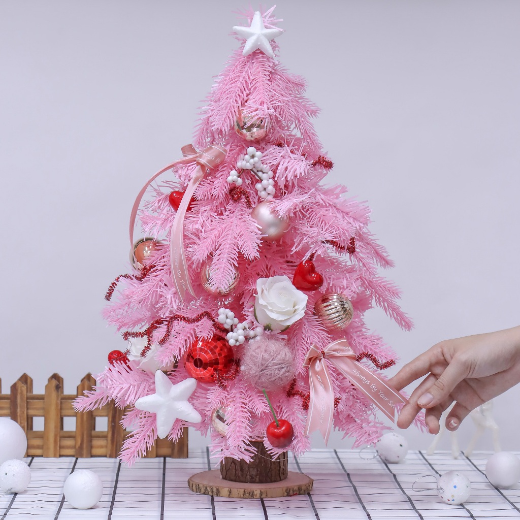 Cây Thông Noel Hồng TH02 55cm Phong Cách Hàn Quốc Trang Trí Giáng Sinh Kèm đèn