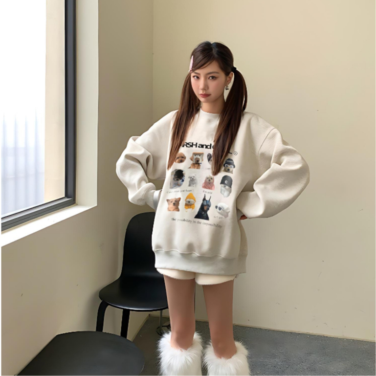 Áo Nỉ Sweater Xám Tiêu In Hình Nhiều Mẫu , Áo Sweater Nữ Nỉ Bông Form Rộng Unisex