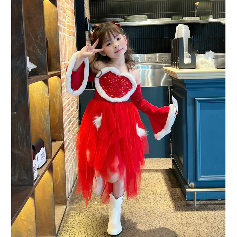 Váy đầm công chúa tay loe phối viền lông diện Tết và Noel cho bé gái 7-40kg
