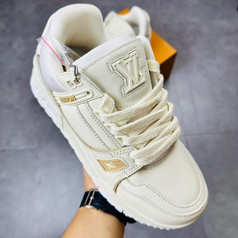 Giày Thể Thao Sneaker LV Trainer 54 Maxi Cream Trắng Kem Full Box Sticker Kèm Charm