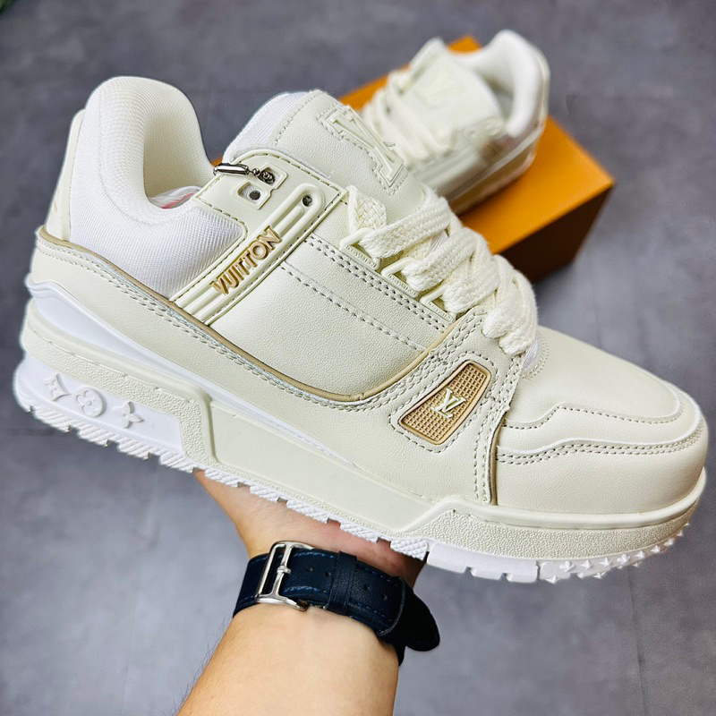Giày Thể Thao Sneaker LV Trainer 54 Maxi Cream Trắng Kem Full Box Sticker Kèm Charm