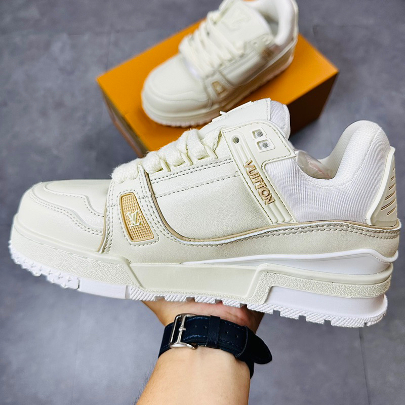 Giày Thể Thao Sneaker LV Trainer 54 Maxi Cream Trắng Kem Full Box Sticker Kèm Charm