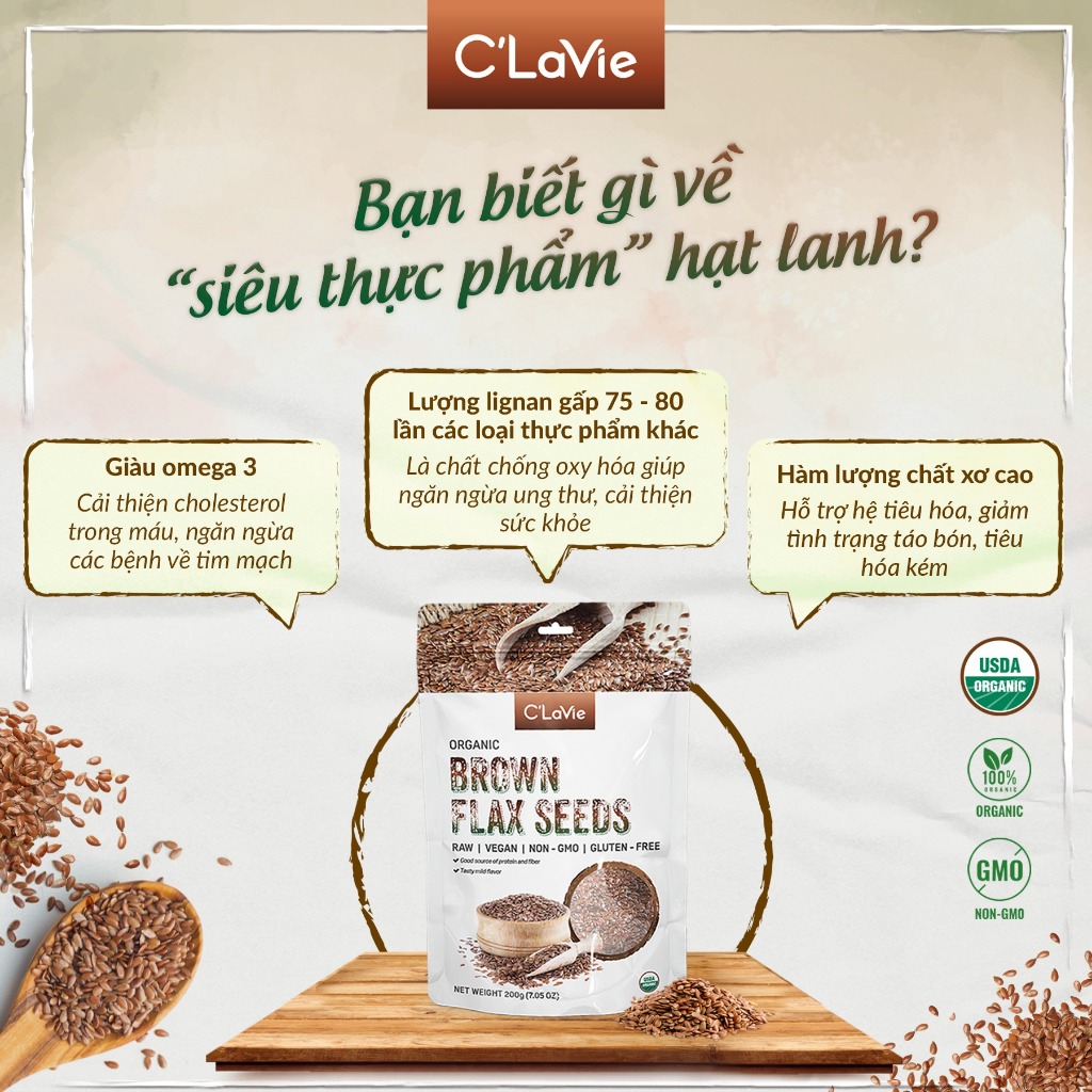Hạt lanh vàng/lanh nâu hữu cơ organic flax seeds C'LaVie 200g
