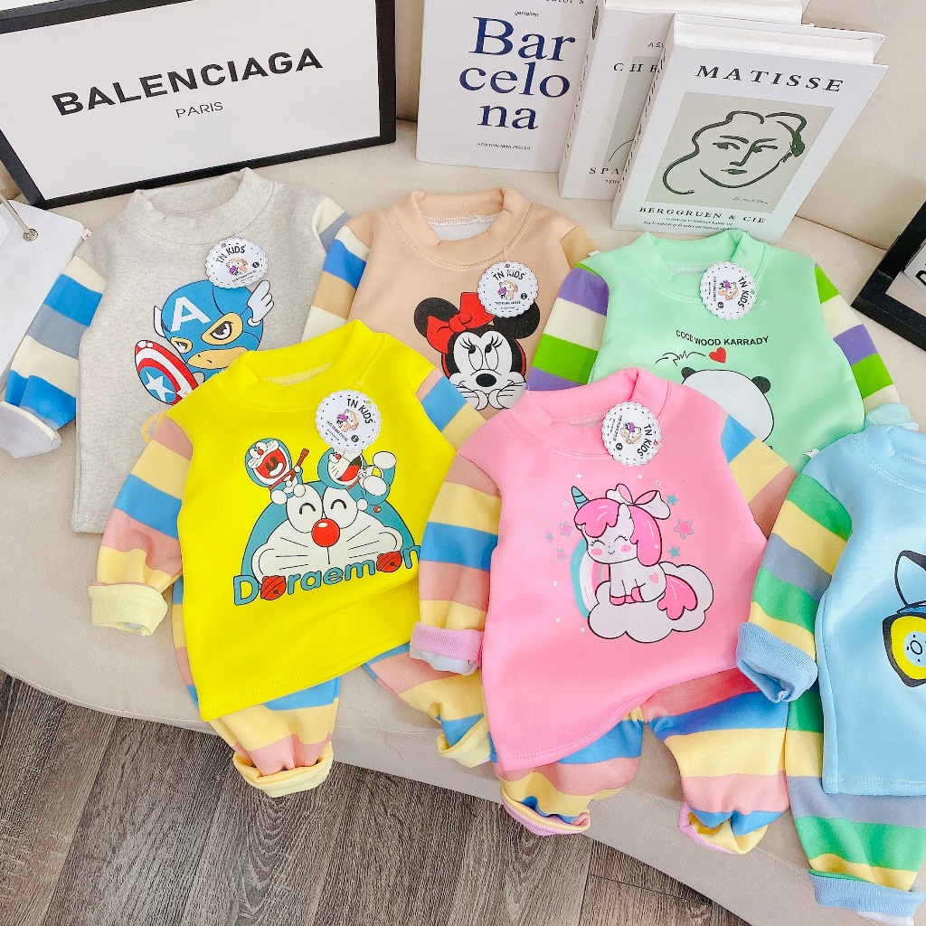Bộ ni bông kẻ cho bé trai bé gái, quần áo thu đông dai tay mêm mịn