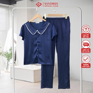 Đồ bộ SANDBOX Lụa Satin cao cấp mềm mại, thiết kế áo ngắn, quần dài, cổ sen viền trắng nổi bật, sang trọng, lịch sự