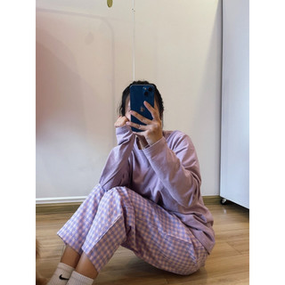  Đồ bộ mặc nhà Áo dài tay Quần baggy caro xinh xắn Sét bộ Nữ mặc nhà thu đông 