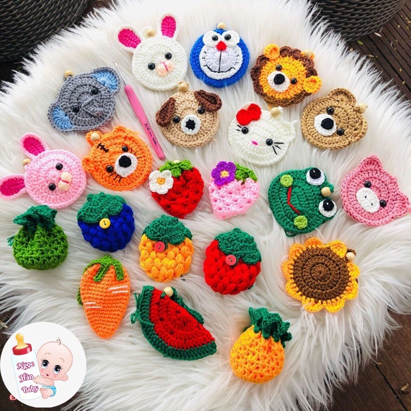 Túi đựng tỏi cho bé móc vải len, có dây đeo