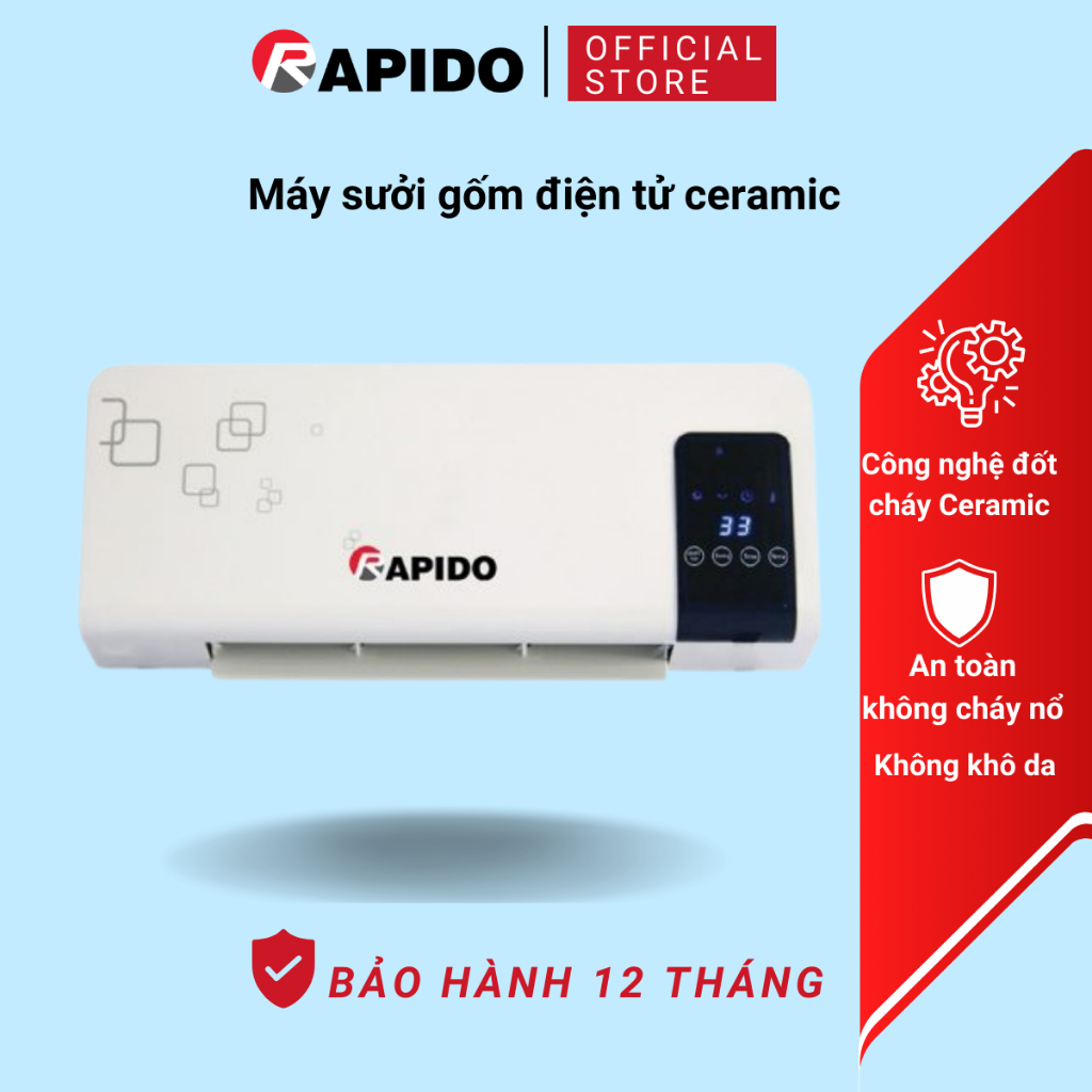 Máy sưởi gốm Rapido RCH2000D 2000W công nghệ sưởi PTC Ceramic nhanh, tiết kiệm điện, bảo hành 12 tháng