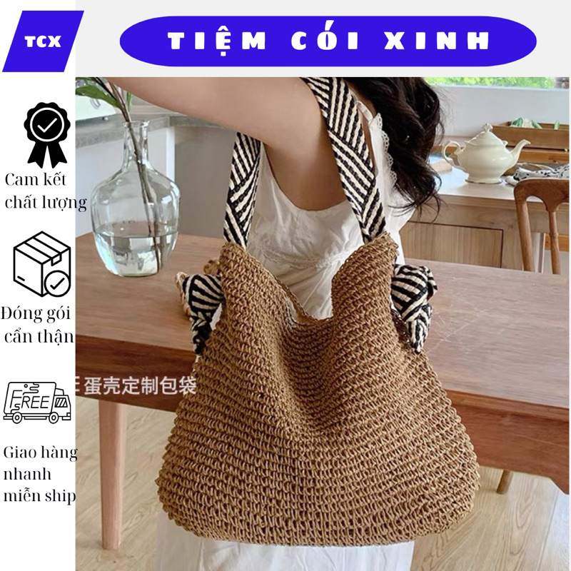 Túi cói đeo vai dây bản to kiểu dáng thụng dễ thương