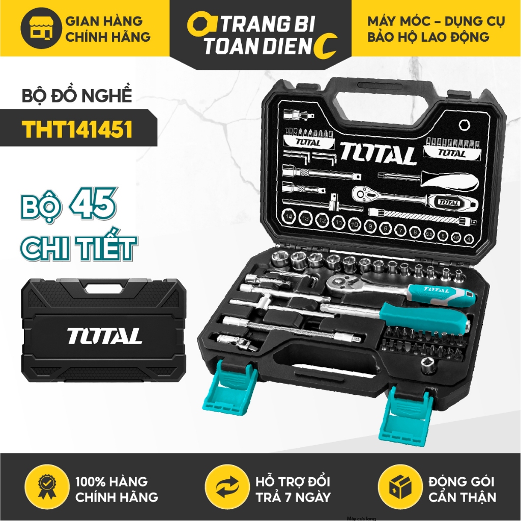 Bộ tuýp 45 chi tiết Total THT141451 đa năng 1/4 inch, kích thước từ 4-14mm Đầu khẩu 1/4 inch