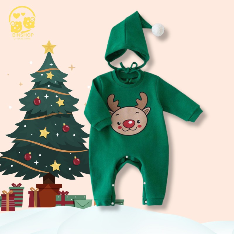 [Kèm mũ] Bodysuit cho bé chất Cotton Hình Noel dễ thương, Bộ thu đông cho bé gái bé trai, Mẫu quần áo sơ sinh 0-12M