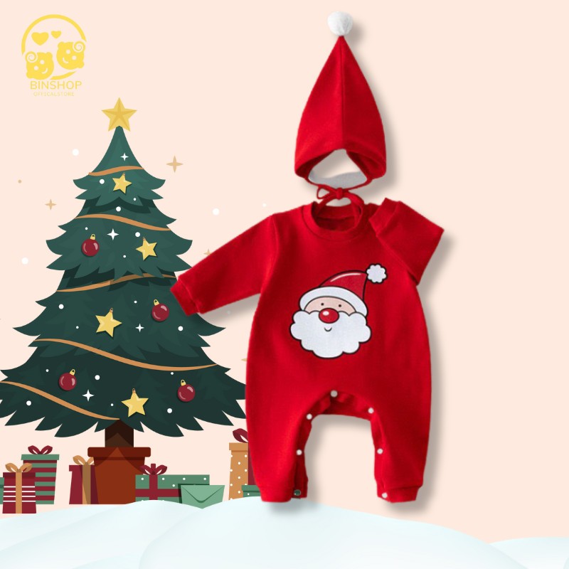 [Kèm mũ] Bodysuit cho bé chất Cotton Hình Noel dễ thương, Bộ thu đông cho bé gái bé trai, Mẫu quần áo sơ sinh 0-12M