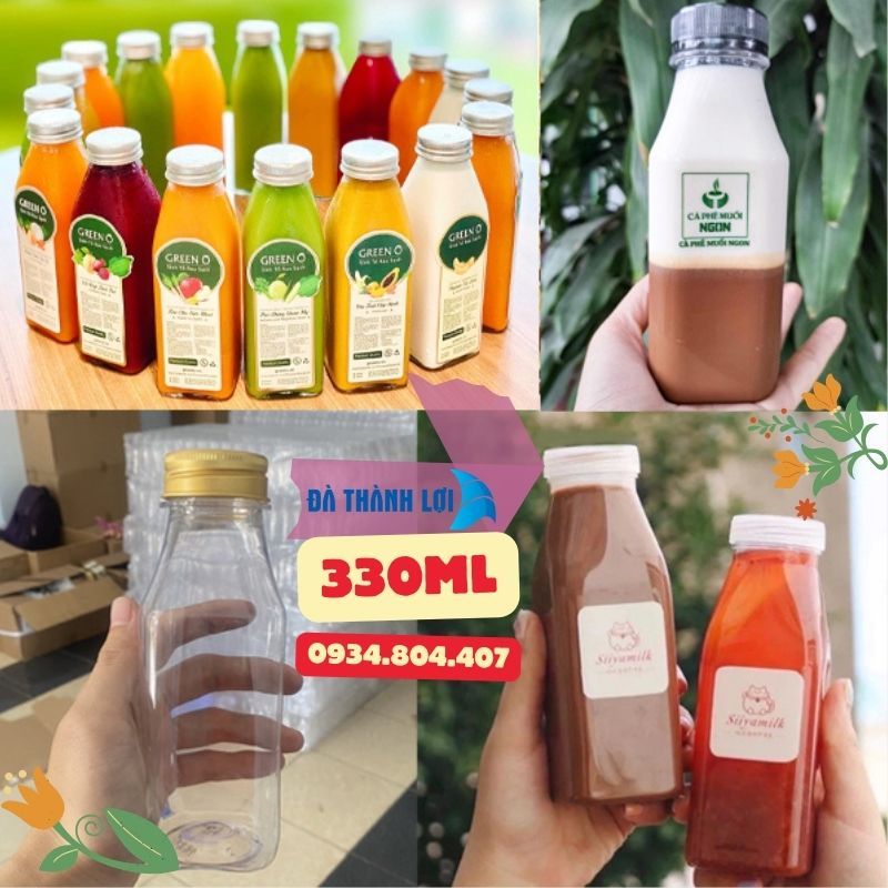 (sỉ) 50 chai nhựa 330ml miệng rộng đựng trà sữa, nước ép cực cute