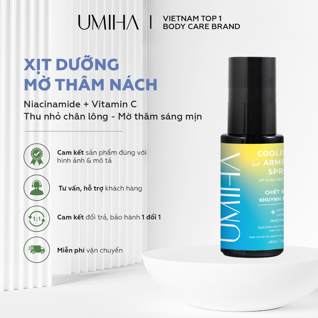 Xịt trắng nách dưỡng mờ thâm nách UMIHA với Niacinamide trắng da (45ml) ngăn mùi nách và trắng mịn da